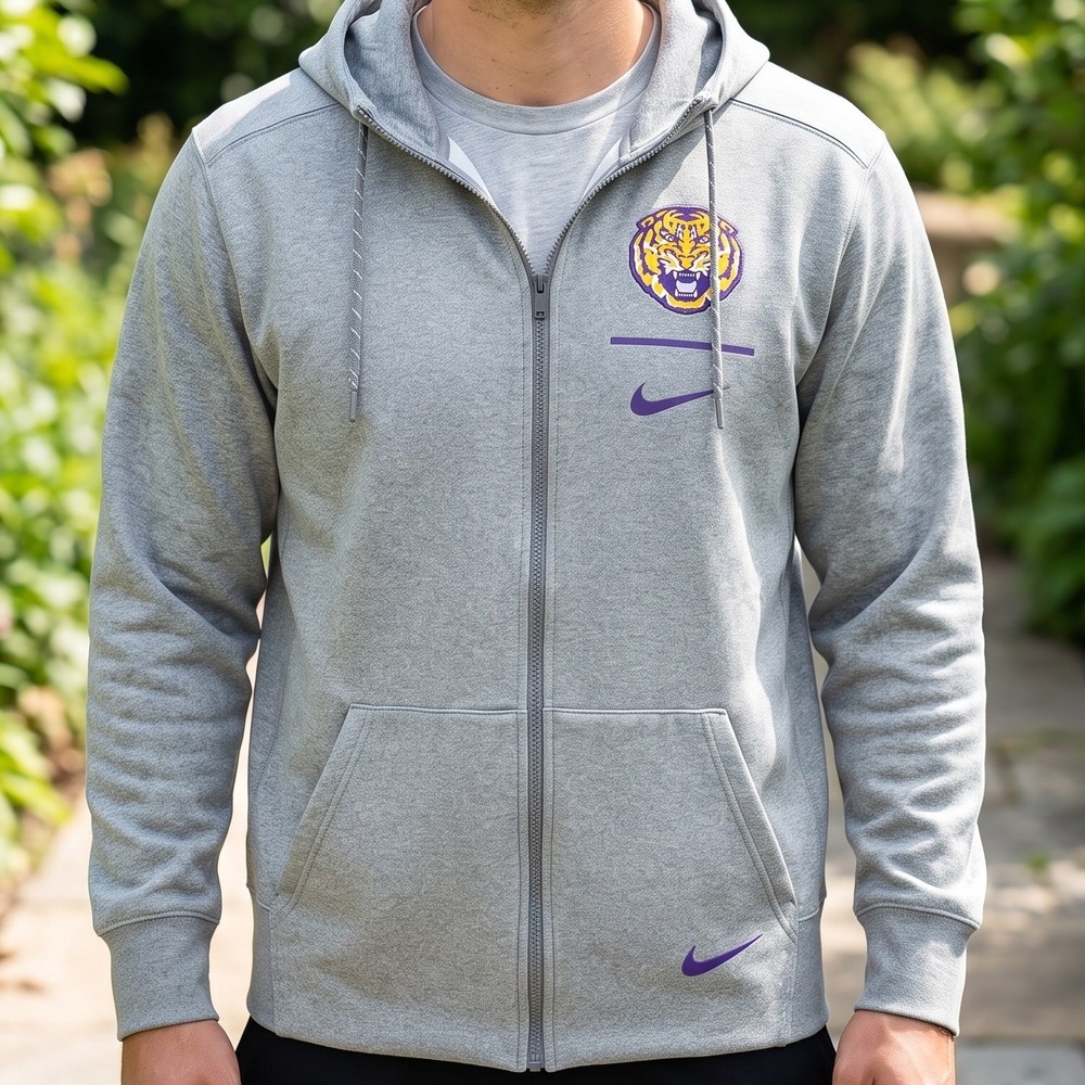 Nike LSU Tigers Dri-FIT Full Zip Hoodie Gray Purple Logo Mens L